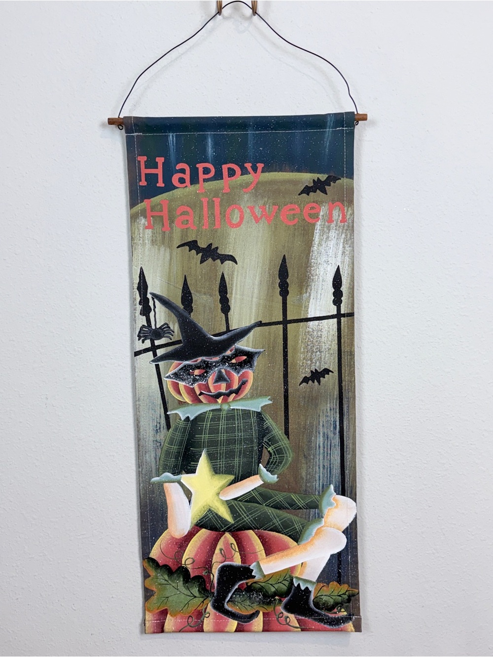 Canvas Painted Happy Halloween Pumpkin Banner 12x29 in